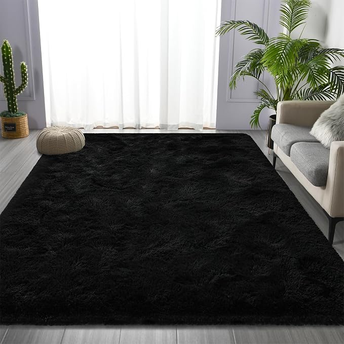 Deerhoo Large Shag Area Rugs 8 x 10, Tie-Dyed Plush Fuzzy Rugs for Living Room, Ultra Soft Fluffy Furry Rug for Bedroom, Indoor Carpet Nursery Rugs for Kids Room Home Decor, Black