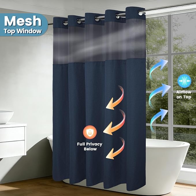 EUTXL Heavyweight Navy Blue Stall No Hook Shower Curtain with Snap in Liner,256GSM Waffle Weave Shower Curtains for Bathroom,54W x 80H
