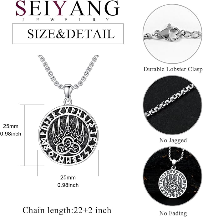 Seiyang Sterling Silver Viking Necklace Norse Jewelry Gift for Men Women with 2mm 22+2 IN Rolo Chain (with Gift Box)