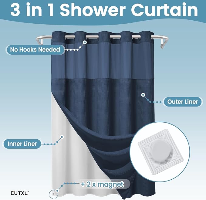 EUTXL Heavyweight Navy Blue No Hook Shower Curtain with Snap in Liner,256GSM Waffle Weave Shower Curtains for Bathroom,71W x 74H