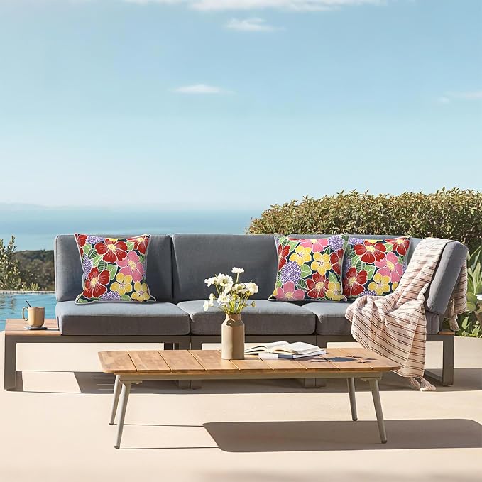 LVTXIII Outdoor Throw Pillows 16x16 Patio Waterproof Square Pillows with Piping Fade Resistant Accent Pillow for Spring Summer Garden Decoration, Set of 2, Flower Bloom