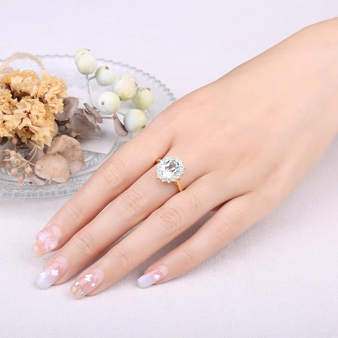JewelryPalace Princess Diana Kate Middleton Class Gemstone Birthstone Sapphire Halo Engagement Rings for Women, Anniversary 14K White Yellow Rose Gold Plated 925 Sterling Silver Promise Rings for Her