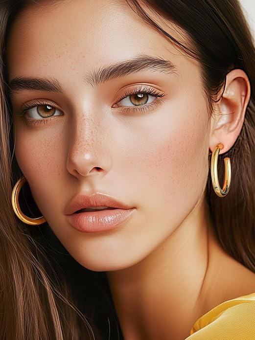 Stainless Steel Chunky Hoop Earrings For Women, Minimalist and Chic, Black/Gold Plated, Round Hoops Earrings Hypoallergenic, Size: 30mm/40mm/60mm/80mm, Come with Box