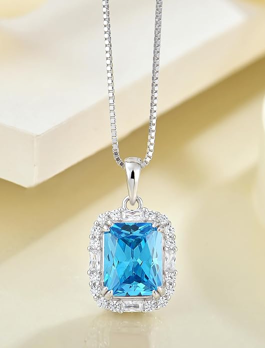 Princess Cut Necklaces for Women, 925 Sterling Silver Emerald Cut Birthstone Pendant Necklace Halo Square Rectangle Jewelry Gifts for Her