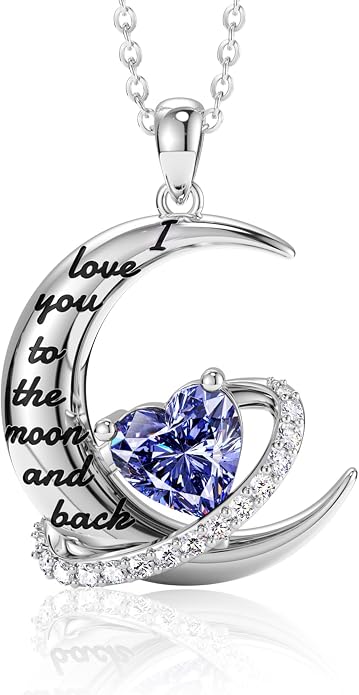 Distance I Love You to The Moon and Back Necklace for Women, S925 Sterling Silver Forever Love Heart Birthstone Necklace, Anniversary Birthday Jewelry for Wife Lover