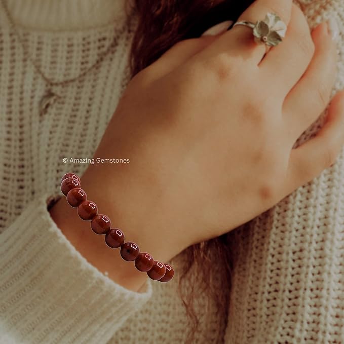 Amazing Gemstone Red Jasper Bracelet, Gifts for Men & Women - Protection Healing Crystal Bracelet - 8mm Gemstone Beaded Adjustable Bracelet, Pulseras para Hombres Mujer Stocking Stuffers