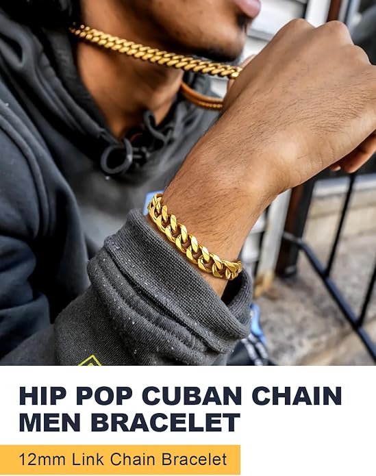 U7 Link Bracelets for Men, Cuban Link/Rope/Watch Band Solid Bracelet, Silver Black Gold Color Wrist Bracelet 3/6/9/12/15mm Width, 6.5/7.5/8.3 Inch Length, Hand Chain Jewelry for Mens Women