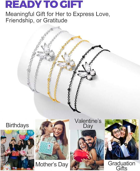 Richsteel Double Layer Heart/Butterfly Birthstone Anklet for Women Non Tarnish Waterproof, Silver/Gold/Black Stainless Steel 8.5-10.5 Inch Adjustable Chain Anklets Jewelry Gifts for Her