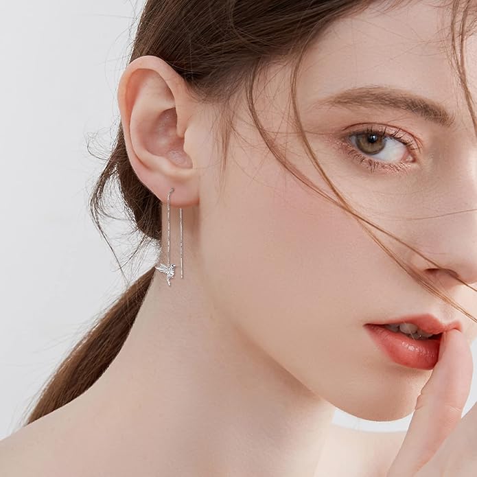 Hummingbird Pull Through Threader Earrings 925 Sterling Silver Long Piercing Tassel Drop Dangle Ear Line Eardrop Earrings Origami Jewelry Birthday Gifts for Women