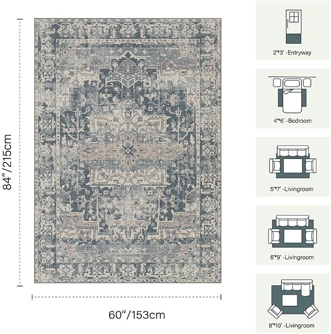 Rugxara Blue Area Rugs 5x7 Washable Rug for Living Room Bedroom | Non Slip, Rug for Dining Room Office Farmhouse Dorm, Stain Resistant, Soft, Vintage Boho Retro Carpet, Low Pile, Home Decor