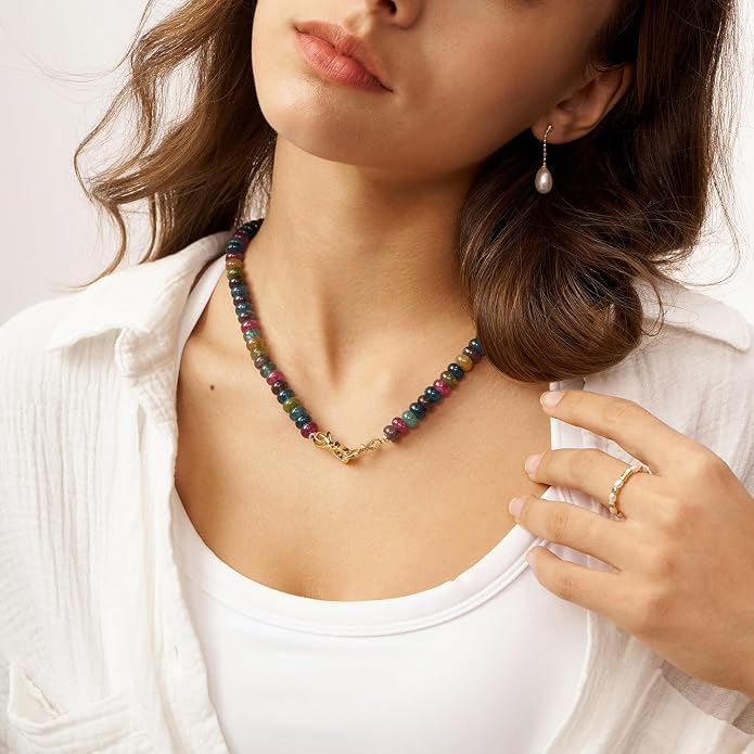 NLIEO Rainbow Colorful Gemstone Beaded Choker Necklace for Women 14K Gold Bow Birthstone Beads Chokers 18inches