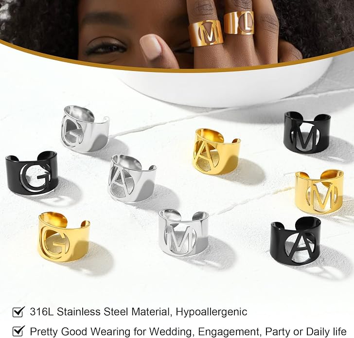 KeyStyle Bold Initial Letter Rings Adjustable, GoldChic Jewelry Women Gold Statement Ring Personalized Engraved Women’s Open Signet Ring for Party (Gold, White Gold, Black)