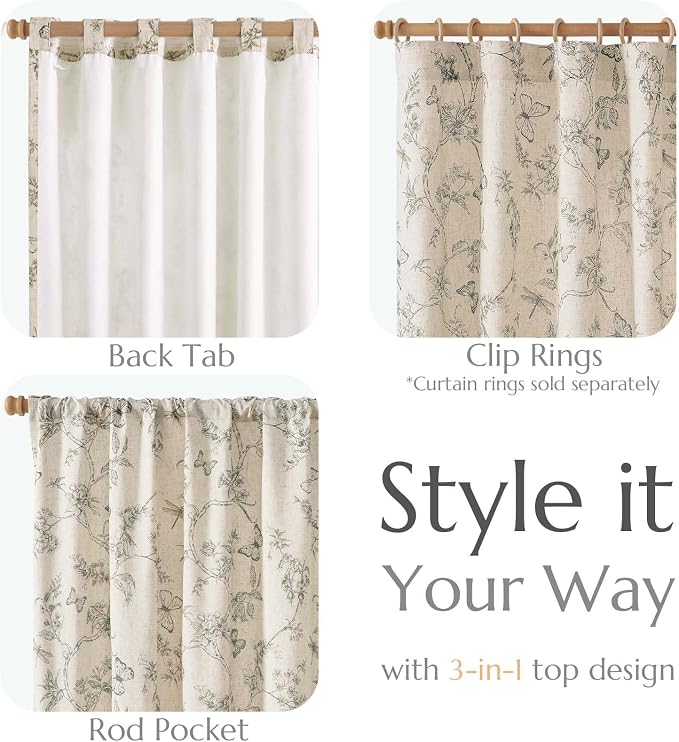 jinchan Grey Floral Linen Curtains Lined 84 Inch Vintage Back Tab 2 Panels | Privacy lining, light filtering drapes, cottagecore, french country, farmhouse, bedroom, living room, window treatment