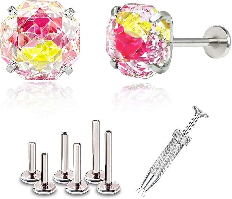 Flat Back G23 Titanium Stud Earrings, Hypoallergenic Titanium Cubic Zirconia Piercing Ear Studs, Versatile Eyebrow Lip Labret Cartilage Helix Sleeper 18G Jewelry for Women Men