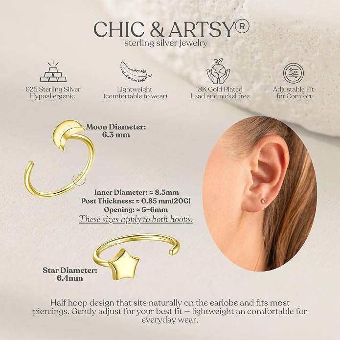 CHIC & ARTSY 925 Sterling Silver Half Hoop Earrings for Women, Small Huggie Hoops Set with Ball Bar Star Moon Cross & Pearl, Lightweight Comfort Fit Everyday & Sleep Earrings
