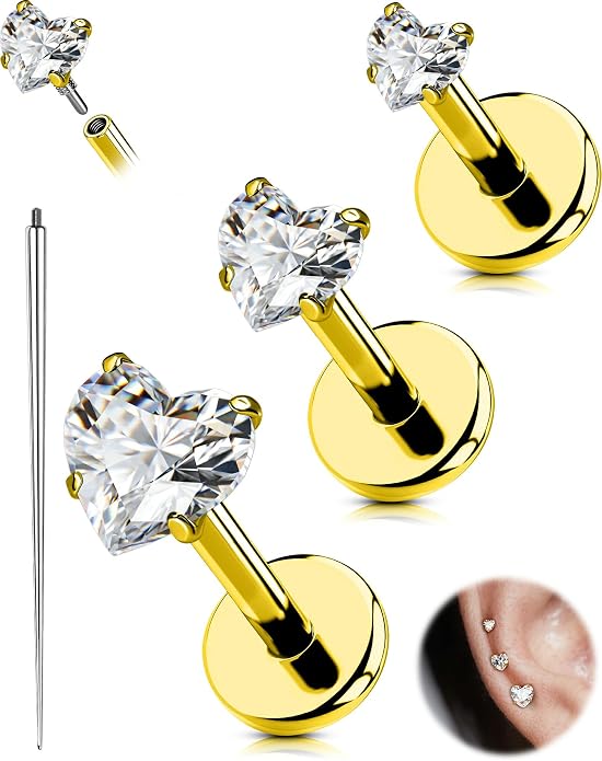 OUFER 18G 6/7/8MM Flat Back Cartilage EarRings-3PCS Gold Titanium Extended Internally Threaded Lip Piercing 2/3/4MM Round Clear CZ Helix Piercing Jewelry