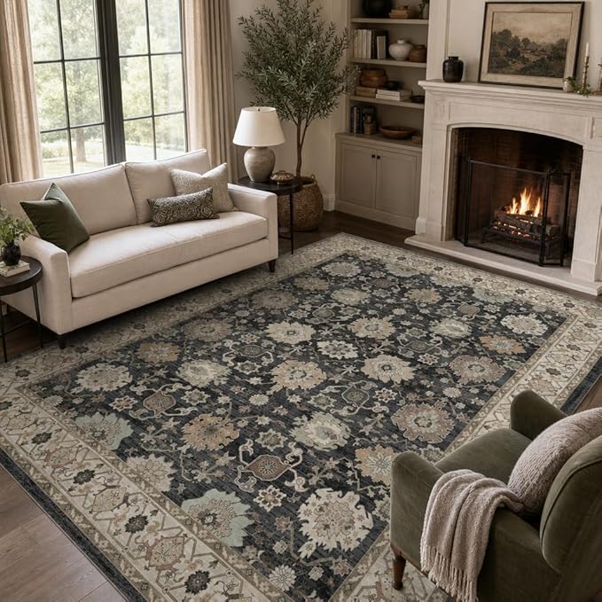 AMADA HOMEFURNISHING 8x10 Area Rug for Living Room, Vintage Washable Area Rug Low-Pile & Non-Slip Carpet for Bedroom Dining Room Nursery Home Office, Black/Brown