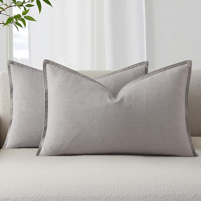 decorUhome Fall Light Grey Linen Throw Pillow Covers 12x20 Set of 2 | Decorative Soft Cozy Modern Farmhouse Boho Accent Pillow Cases with Flange Edges for Couch Bed Sofa Living Room Home Decor