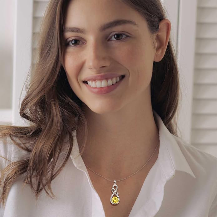 Gemstone Infinity Pendant Necklaces for Women, S925 Sterling Silver Round cut Zircon Necklace Birthstone Jewelry Gift for Her