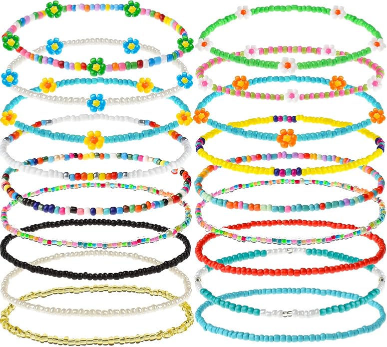XIJIN 18 Pieces Elastic Beaded Anklets for Women Handmade Beach Boho Colorful Beads Ankle Bracelets Set