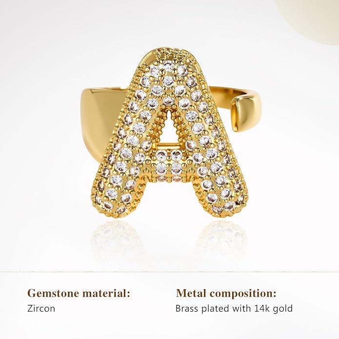 Cicy Bell Initial Rings for Women 14k Gold Plated Cubic Zirconia Delicate Letter Chunky Statement Open Rings Gifts for Her