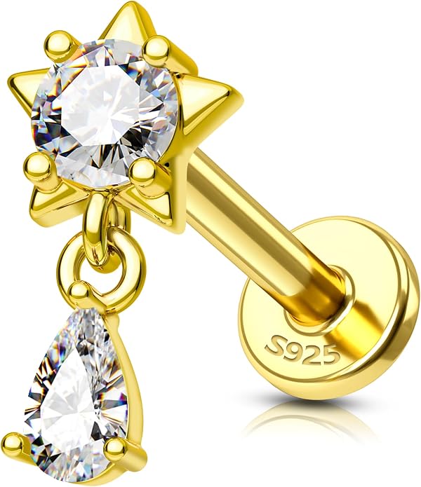 COCHARM 14K Gold Plated Cartilage Earrings Stud 16G Dangle Star 925 Sterling Silver Helix Tragus Earrings Surgical Steel Flat Back Earrings Dangly