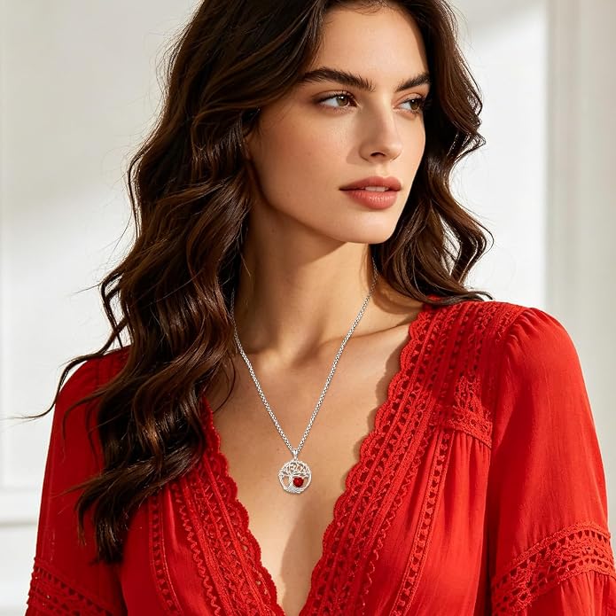 Birthstone Tree of Life Necklace for Women Heart Crystal Pendant Silver Plated Birthday Anniversary Jewelry for Wife, Mom, and Her