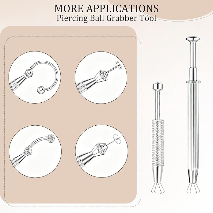 ONESING 2Pcs Piercing Ball Grabber Tool for Changing Jewelry, Stianless Steel Flat Back Earring Applicator Internally Threaded Push Pin Piercing Grabber Tool, Anti Slip 4 Claw Gem Ball Grabber Tool