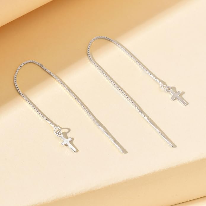 Cross Threader Earrings for Women 925 Sterling Silver Dainty Long Chain Ear Line 14K Gold Plated Elegant Cross Faith Dangle Tassel Earrings Hypoallergenic Drop Stud Christian Wedding Jewelry Gift