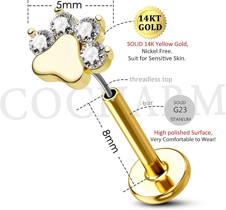 Cocharm 14K Solid Gold Cartilage Earring - Dog Paw Yellow Gold Flat Back Helix Stud, 16g