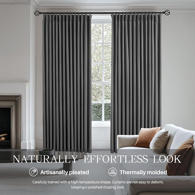 Pinch Pleated Curtains 100% Blackout Linen Curtains 95 Inches Long for Bedroom Living Room, Dark Gray Memory Trained Thermal Insulated Room Darkening Window Drapes with Hooks 2 Panels 40"Wx95"L