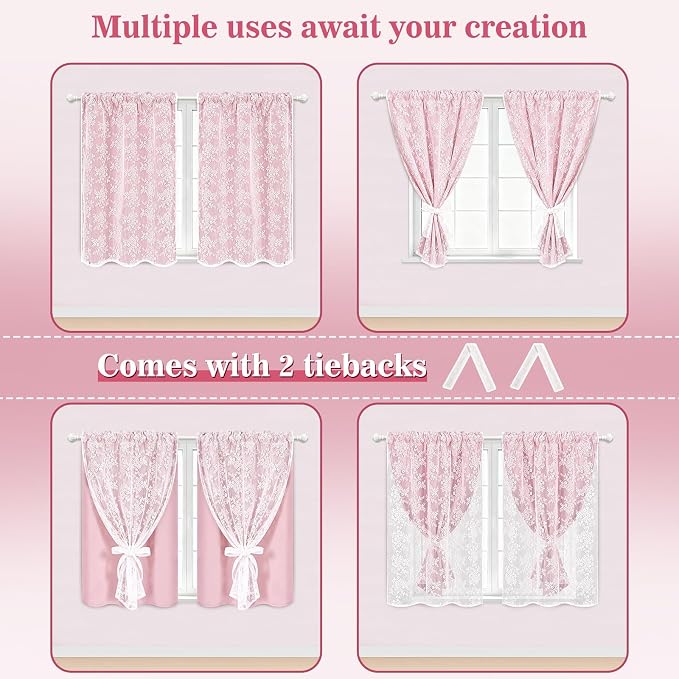 Yinhua Pink Kitchen Curtains 36 Inch Length Double Layer Blackout Cafe Curtains with Floral Sheer Overlay Rod Pocket Short Curtain for Windows, Small Window Curtain for Bathroom, Living Room, 2 Panels