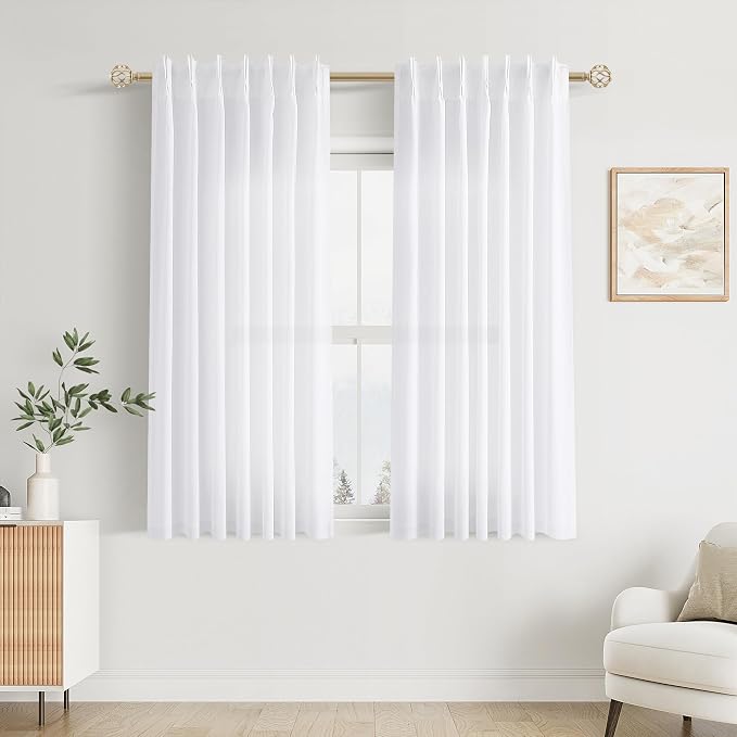 Aersas White Pinch Pleat Linen Curtains 54 Inch Long for Kitchen Pleated with Hooks Back Tab Light Filtering Boho Farmhouse Short Semi Sheer 54 Inch Curtain for Dining Room Bedroom Small Window