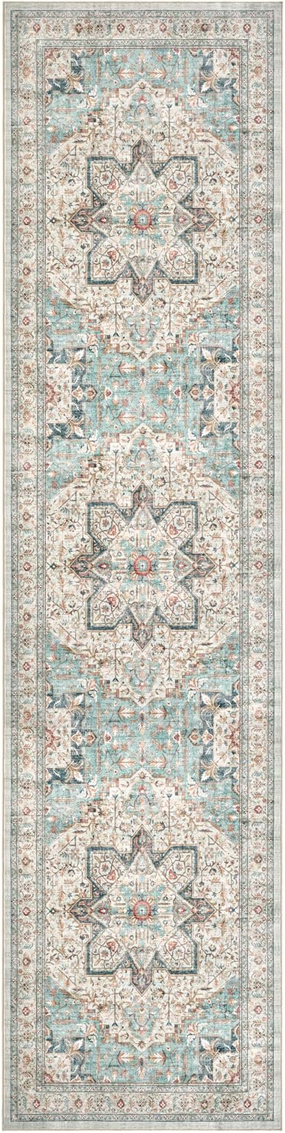 Tortania Area Rug 3x10 Runner Rugs - Washable Vintage Oriental Farmhouse Thin Indoor Carpet for Living Room Bedroom Hallway Entryway Kitchen Under Dining Table Home Office - Aqua Multi