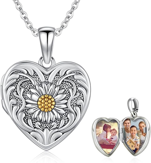 MEDWISE 925 Sterling Silver Locket Necklace That Holds Pictures Photo Necklace Oxidized Rose Flower/Sunflower/Compass/Celtic Heart Pendnat Lockets Gifts for Women Birthday Christmas Gifts