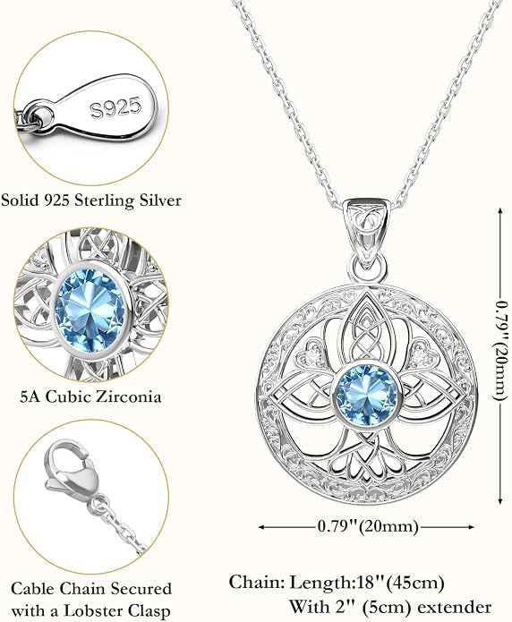 Birthstone Tree of Life Necklace for Women: 925 Sterling Silver Celtic Knot Pendant, Family Jewelry Gift for Mom Daughter Birthday Mother’s Day