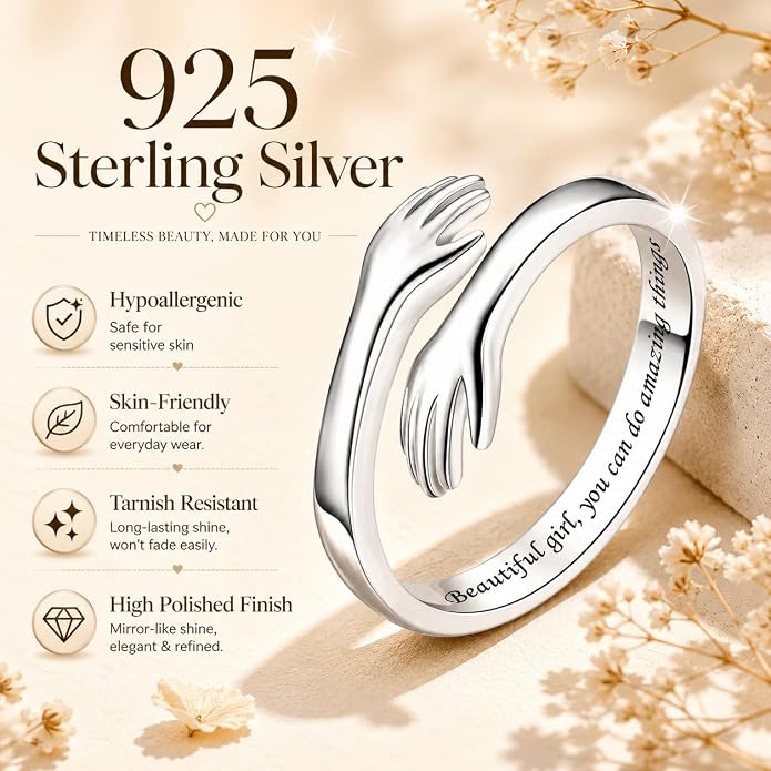 S925 Sterling Silver Hug Rings for Women Teen Girls Adjustable Ring for Granddaughter Daughter Hope Promise Friendship Hand Ring Jewelry for Birthday Graduation Christmas Mothers Day Valentines Gifts