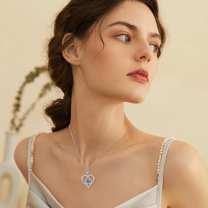 Love Heart Necklace for Women 925 Sterling Silver Birthstone Pendant Necklace Dainty Jewelry for Women Wife Mother Christmas Birthday Mother's Day Gift