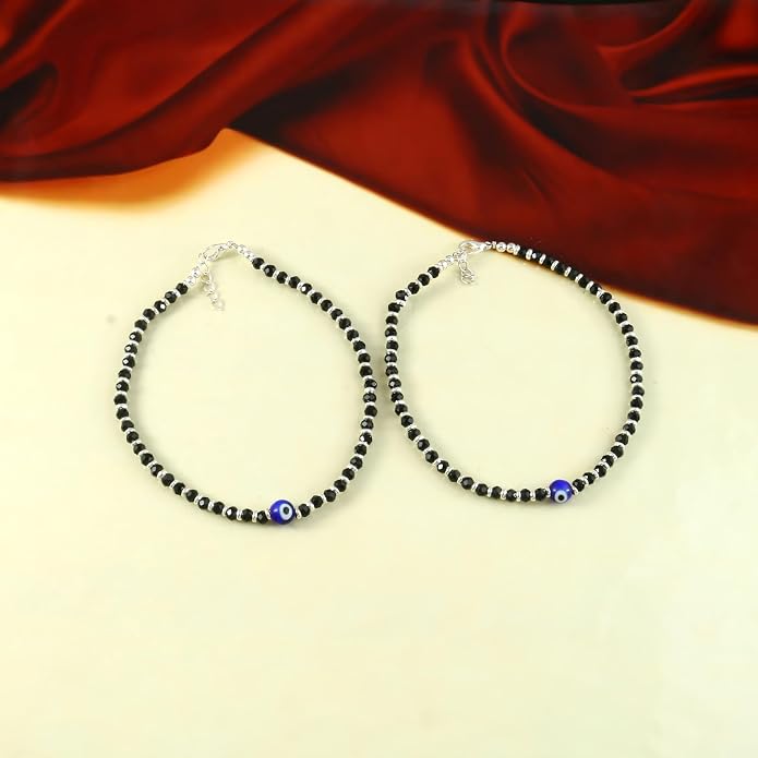 Jewar Mandi Anklet Evil Eye Nazariya Silver Plated Black Beads/crystal Adjustable Flexible Payal for Women