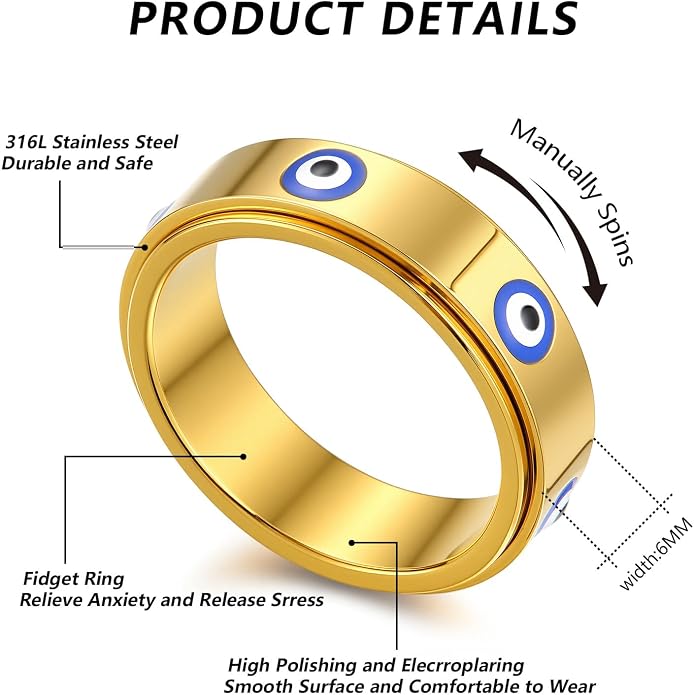Evil Eye Fidget Ring for Women Men 18K Gold Plated, Anxiety Relief Spinner Ring Luck Charm Jewelry Gift, Size 6-10