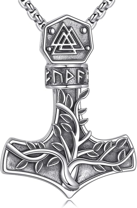 Viking Thor's Hammer Necklace Sterling Silver Vintage Norse Mjolnir Pendant Amulet Jewelry Gifts for Women Men