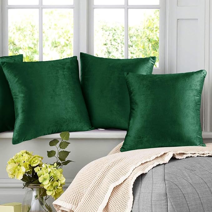 Nestl Throw Pillow Covers, Cozy Velvet Decorative Outdoor Pillow Covers 18X18 Inches, Soft Solid Cushion Covers for Sofa, Bed and Car, Set of 4 - Hunter Green