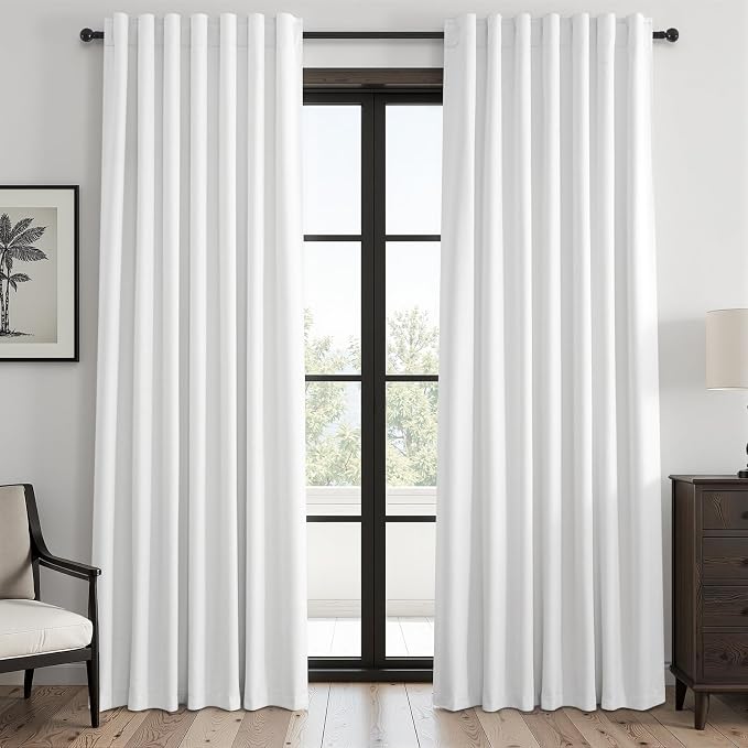 Beige White Linen blackout curtains 84 inch long 2 Panels 100% Black out Linen texture Curtain ivory Window Drapes with Back Tab Rod Pocket Sun Blocking Noise Insulated Curtain for Bedroom Living Room