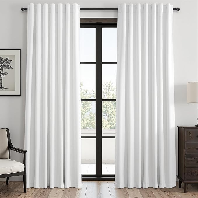 90 inch long 100% Blackout linen curtains 2 Panels set Beige White Window Drapes with Back Tab Rod Pocket Light Blocking Room darkening Thermal Insulated Curtains for Bedroom Living Room 7.6 FT