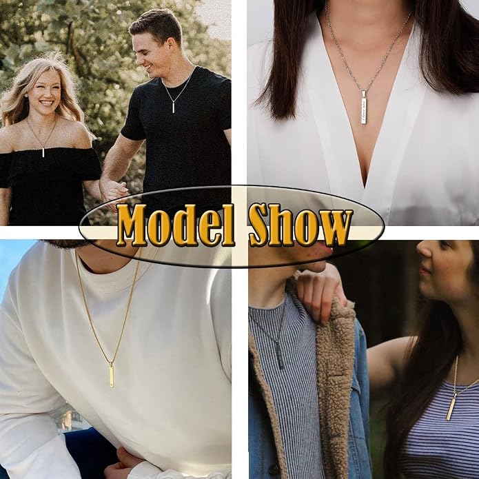 Personalized 3D Vertical Bar Necklace, Custom Necklace Engraved with Any Name Pendant Jewelry Mothers Day Gift
