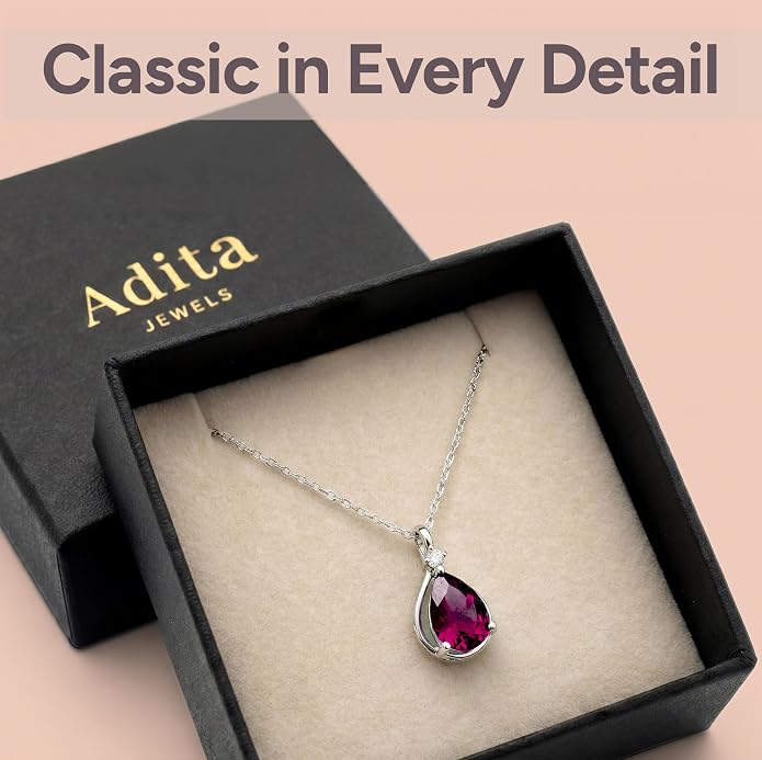 ADITA GOLD Birthstone Necklace for Women, 925 Sterling Silver Teardrop Pendant, Simulated Gemstone, Birthstone Jewelry