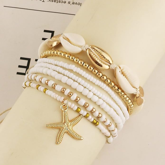 Shell Anklets Bracelet for Women Waterproof Surfer Starfish Bracelet Puka Shell Anklet Colorful Boho Stack Stretch Bead Bracelet Set Hawaii Summer Beach Vacation Foot Jewelry