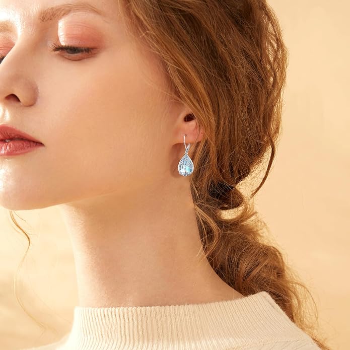 Odinstone 925 Sterling Silver Earrings Tree of Life Teardrop Moonstone Dangle Drop Leverback Earrings for Women