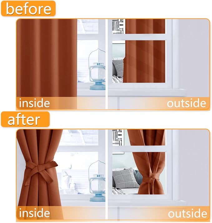 Hiasan Short Blackout Curtains for Bedroom - Thermal Insulated & Energy Saving Window Curtains for Living Room Fall Home Decor, 2 Drape Panels Sewn with Tiebacks, Burnt Ochre, 42 x 45 Inch