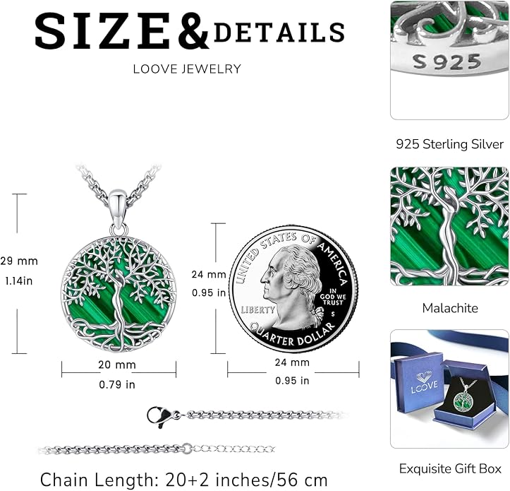 Jewelry Gifts - Tree of Life Necklace Sterling Silver Abalone Shell/Opal/Moonstone/Black Onyx/Turquoise/Malachite/Crystal Family Tree of Life Jewelry for Women Men